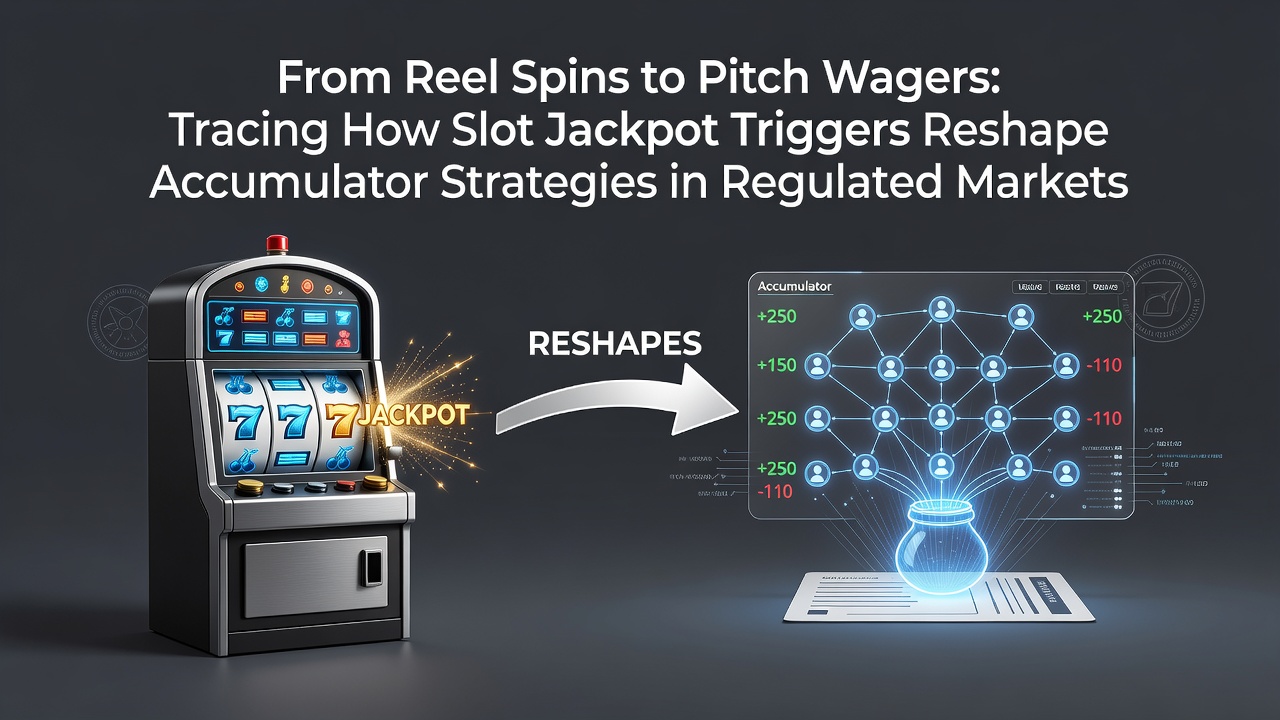 Illustratie van slot machines en accumulator betting interfaces in een gereguleerde digitale omgeving